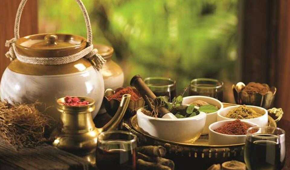 Ayurvedic treatment setup with herbal medicines and traditional healing therapy in Trivandrum