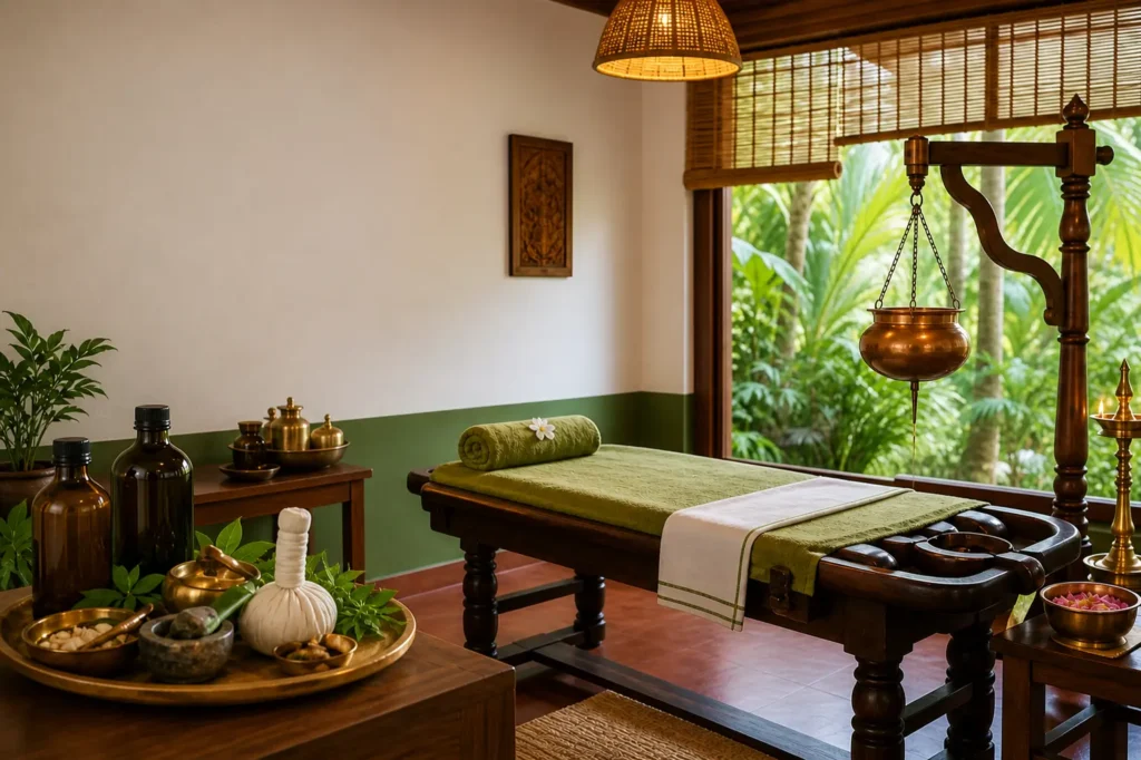 Best Ayurveda hospital in Trivandrum Kerala diabetes treatment room with traditional therapy table oils and natural ambiance