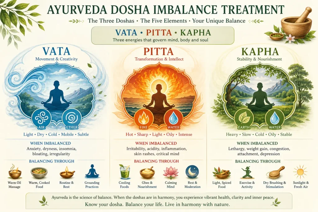 Three doshas Ayurveda Vata Pitta Kapha illustration for dosha imbalance treatment in Trivandrum with symbolic elements