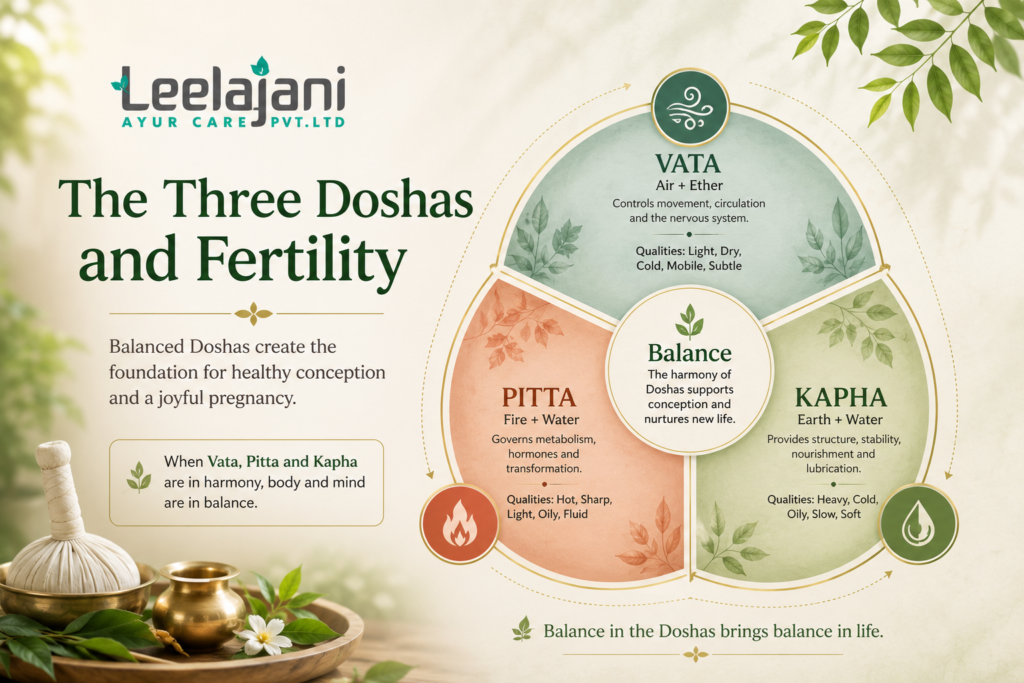 Dosha wheel diagram showing Vata, Pitta, and Kapha imbalance effects on fertility