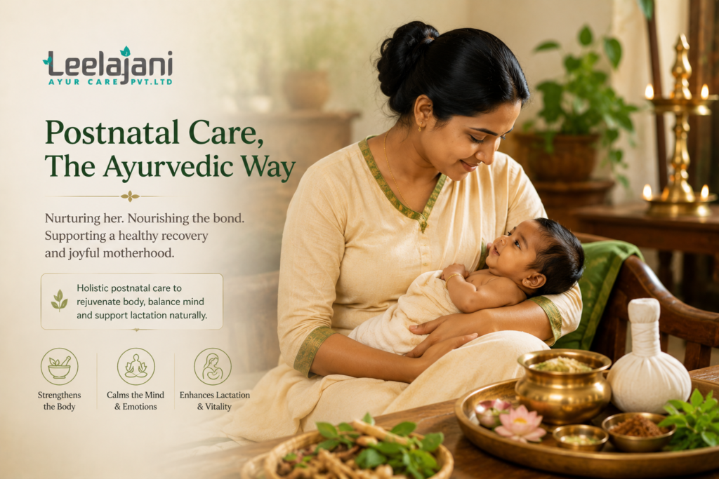 Mother receiving Ayurvedic postnatal massage and care after delivery at Leelajani Ayur Care